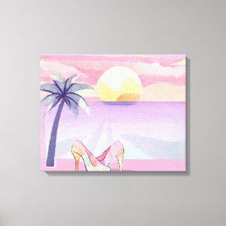 Impressão Em Tela Pôr do sol em praia com aquarela rosa pastel