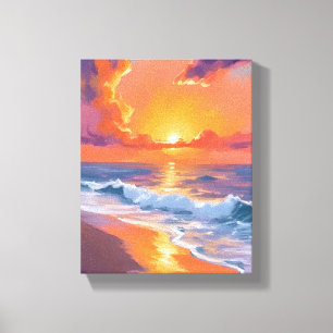 Impressão Em Tela Pôr do Sol Laranja Hora Dourada Praia Oceano Pintu