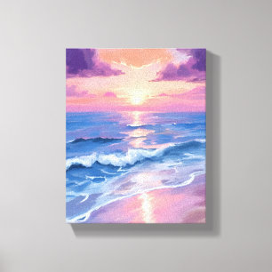 Impressão Em Tela Pôr do Sol Lavanda Roxo Praia Oceano Aquarela