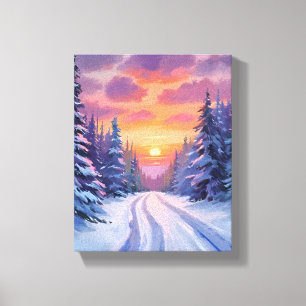 Impressão Em Tela Pôr do Sol na Neve Paisagem Montanhosa de Invern
