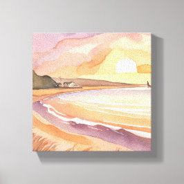 Impressão Em Tela Pôr do Sol na Praia | Bela Pintura em Aquarela
