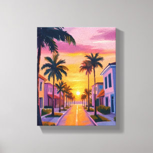 Impressão Em Tela Pôr do sol na praia de Miami   Aquarela do Oceano 