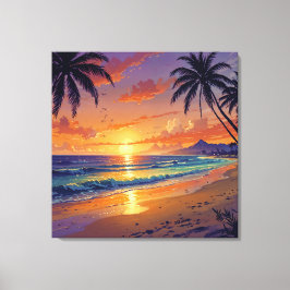 Impressão Em Tela Pôr do Sol na Praia Tropical - Arte em Estilo Ilus
