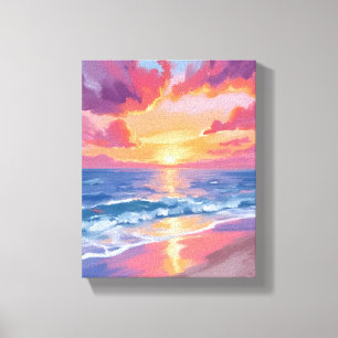 Impressão Em Tela Pôr do Sol no Oceano Aquarela Ondas Pintura do Mar