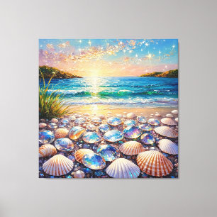 Impressão Em Tela Pôr do sol no oceano com conchas e jóias refletind