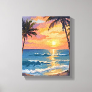 Impressão Em Tela Pôr do sol no oceano tropical em aquarela de palme