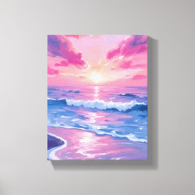 Impressão Em Tela Pôr do Sol Oceano Rosa Ondas Aquarela (Frente)
