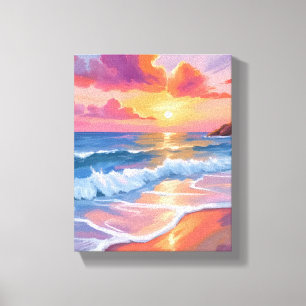 Impressão Em Tela Pôr do Sol Pastel no Oceano   Pintura Colorida da 