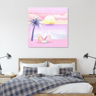 Impressão Em Tela Pôr do Sol Rosa Pastel e Saltos Altos na Praia Fas