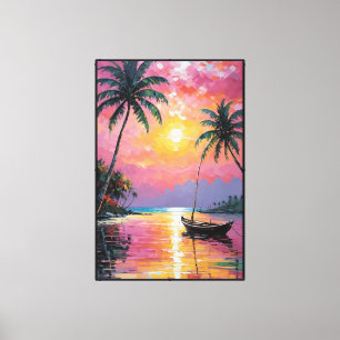 Impressão Em Tela Pôr do Sol Tropical com Palmeiras e Barco Abstrato