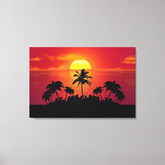 Impressão Em Tela Pôr do Sol Tropical Palmeiras Silhueta Praia (Frente)