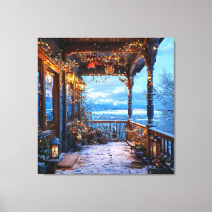 Impressão Em Tela Porch Cozy Snowy Decorado Com Luzes De Natal