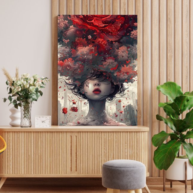 Impressão Em Tela Poster de Arte Surreal Crimson Blossom (Crimson Blossom Surreal Art Poster displayed in a modern setting)