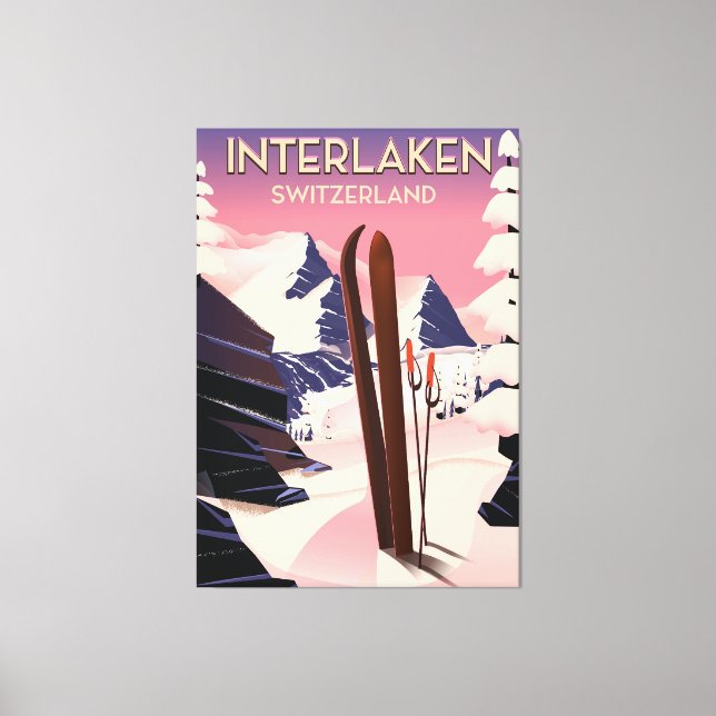 Impressão Em Tela Poster de viagens de Esqui de Suiça Interlaken. (Frente)
