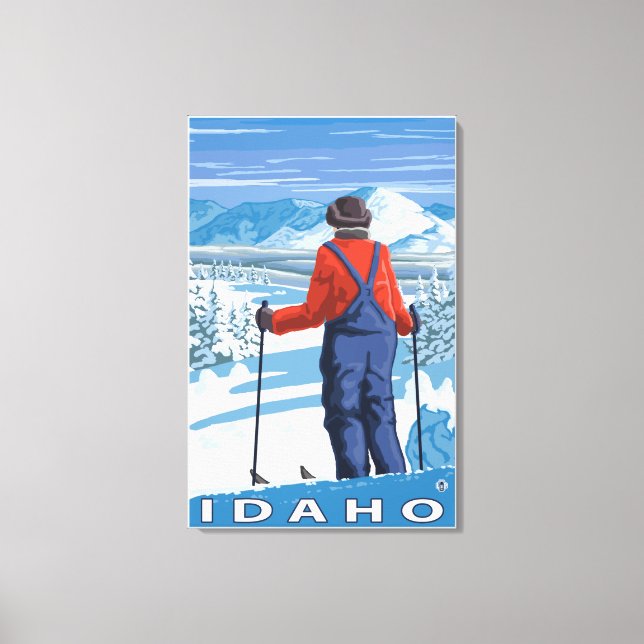Impressão Em Tela Poster de viagens Skier AdminningIdahoVintage (Frente)