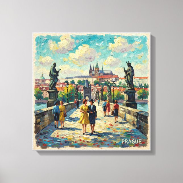 Impressão Em Tela Prague Charles Bridge Vintage Scene Stretched Canv (Frente)