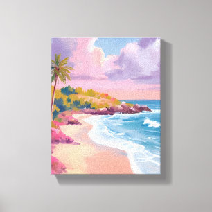 Impressão Em Tela Praia Corada   Pintura do Oceano Rosa