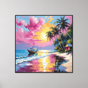 Impressão Em Tela Praia de Pôr do Sol Tropical com Barco e Palmeiras