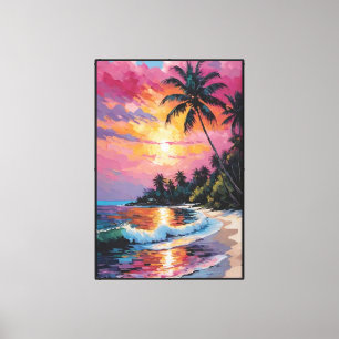 Impressão Em Tela Praia de Pôr do Sol Tropical com Palmeiras – Abstr
