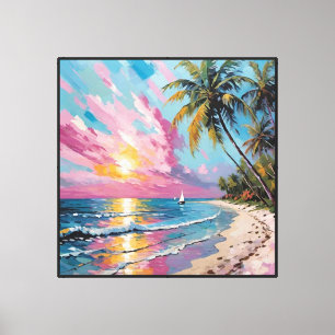 Impressão Em Tela Praia de Pôr do Sol Tropical com Velas e Palmeira