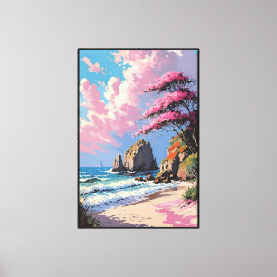 Impressão Em Tela Praia do Pôr do Sol com veleiro e árvore em flor