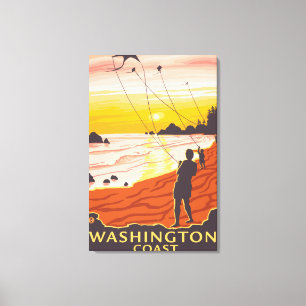 Impressão Em Tela Praia e Kites - Costa de Washington