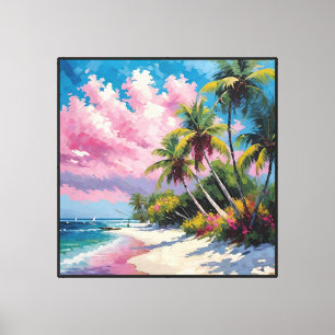 Impressão Em Tela Praia Tropical com Palmeiras e Velas