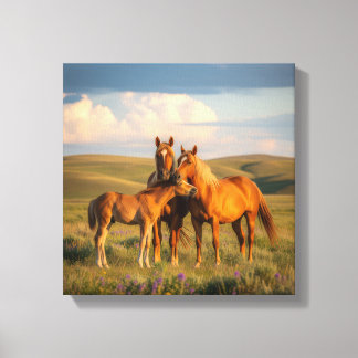 Impressão Em Tela Prairie Family – Horses & Foal at Sunset Wall Art