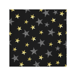 Impressão Em Tela Prata e Estrelas Douradas - Black Hollywood Star P