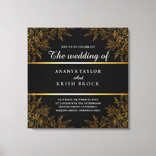 Impressão Em Tela Preto Glam e Floral Dourado, Casamento