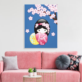 Impressão Em Tela Primavera Kokeshi Doll - Bonita Mancha Japonesa em