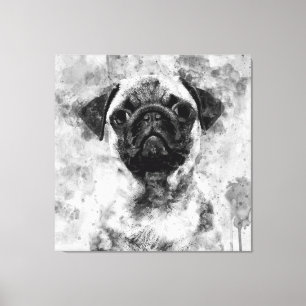 Impressão Em Tela Pug Dog Black and White Watercolor 01