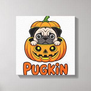 Impressão Em Tela Pugkin de Halloween, Cachorro Pug Abóbora