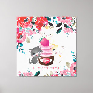 Impressão Em Tela Quadrinhos Quimsos De Cartoon Floral Gatos De Cupc