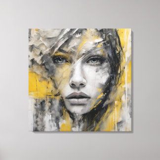 Impressão Em Tela Quadro abstrato rosto de mulher amarelo e cinza