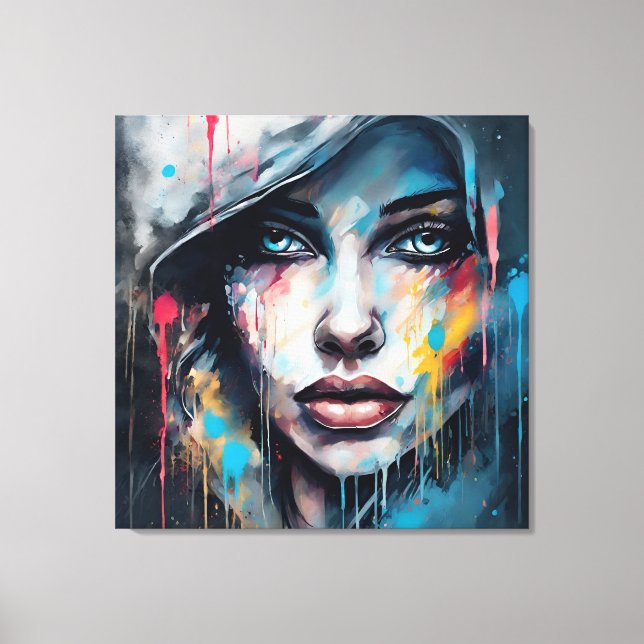 Impressão Em Tela Quadro abstrato rosto de mulher azul cinza etc... (Frente)