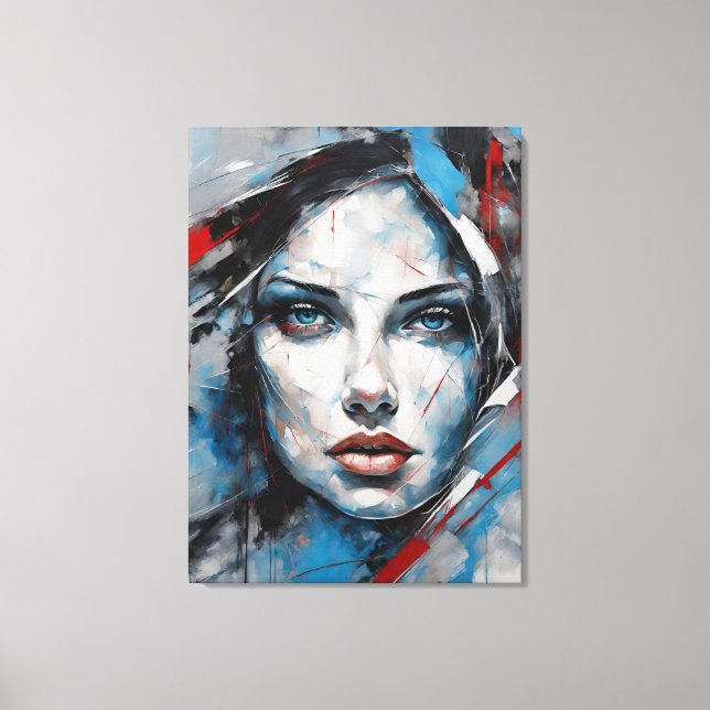 Impressão Em Tela Quadro abstrato rosto de mulher azul, cinza, preto (Frente)