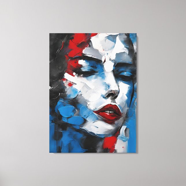 Impressão Em Tela Quadro abstrato rosto de mulher azul, cinza, preto (Frente)
