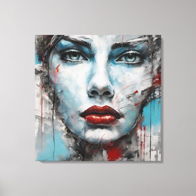 Impressão Em Tela Quadro abstrato rosto de mulher azul, cinza, red (Frente)