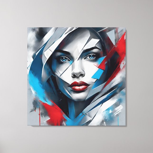Impressão Em Tela Quadro abstrato rosto de mulher vermelho azul cinz (Frente)