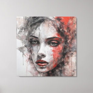 Impressão Em Tela   Quadro abstrato rosto de mulher vermelho e cinza