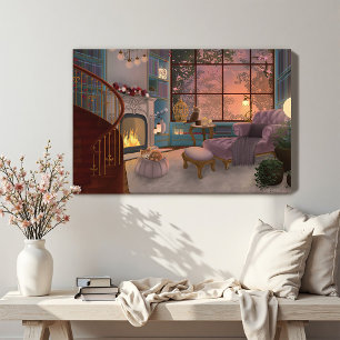 Impressão Em Tela Quadro em Tela Sala de Leitura Aconchegante ao Pôr