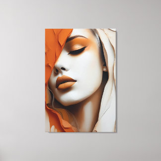 Impressão Em Tela Quadro Rosto de mulher Laranja e bege 