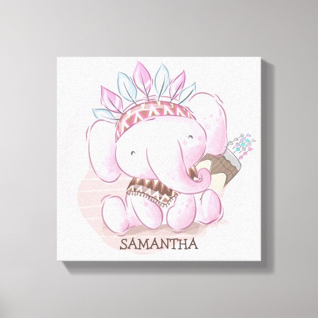 Impressão Em Tela Quarto infantil menina elefante boho fofo (Frente)