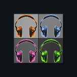 Impressão Em Tela Quatro Fones de ouvido Pop<br><div class="desc">Quatro Fones de ouvido de Arte Pop, cada par de fones de ouvido é exibido dentro de um quadrado, cada um com uma faixa diferente de cinzas. Os fones de ouvido estão em tons retrorreflectores de laranja, azul, rosa e verde com sombras pretas definindo as formas e contornos dos fones...</div>