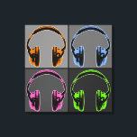 Impressão Em Tela Quatro Fones de ouvido Pop<br><div class="desc">Quatro Fones de ouvido de Arte Pop, cada par de fones de ouvido é exibido dentro de um quadrado, cada um com uma faixa diferente de cinzas. Os fones de ouvido estão em tons retrorreflectores de laranja, azul, rosa e verde com sombras pretas definindo as formas e contornos dos fones...</div>