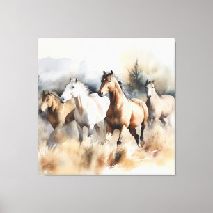 Impressão Em Tela “Quatro Mustangs Selvagens” Aquarela Ocidental Emp