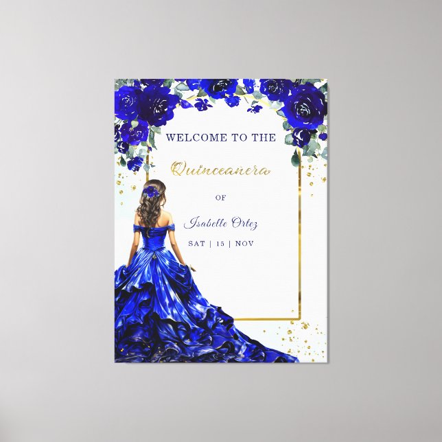 Impressão Em Tela Quinceañera Boas-vindas Royal Blue e Dourado (Frente)