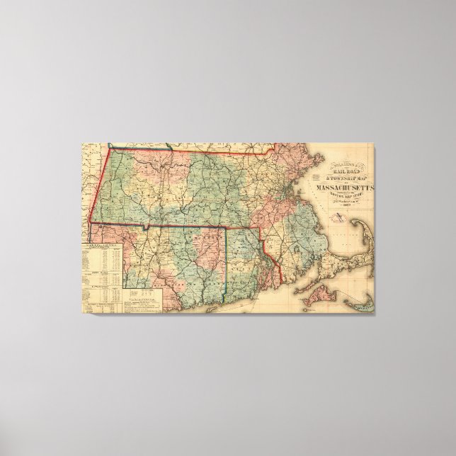 Impressão Em Tela Rail Road & Township Map of Massachusetts, 1879 (Frente)