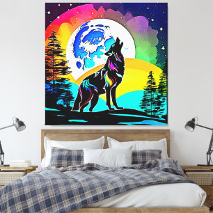 Impressão Em Tela Rainbow Lunar Wolf Howl Art